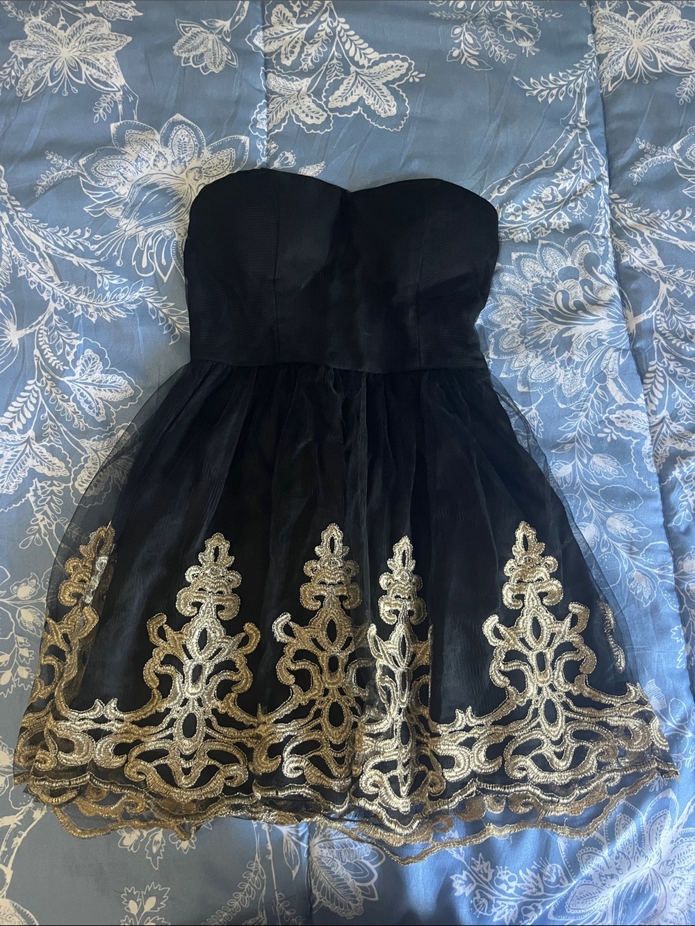 Windsor Black Strapless Mini Dress with Gold Embroidery